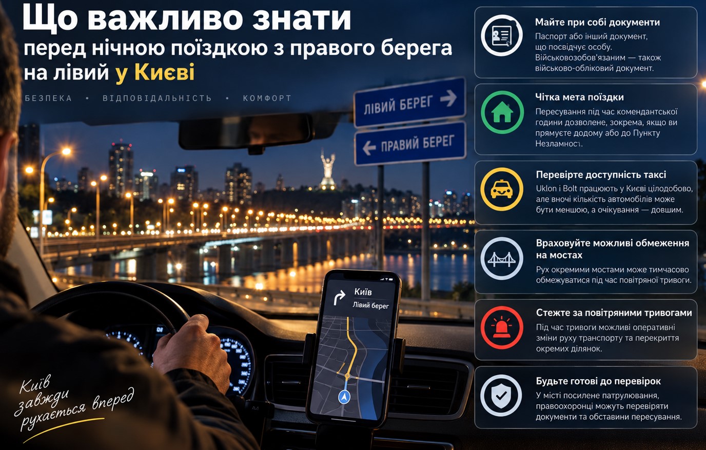 Що важливо знати перед нічною поїздкою з правого берега на лівий