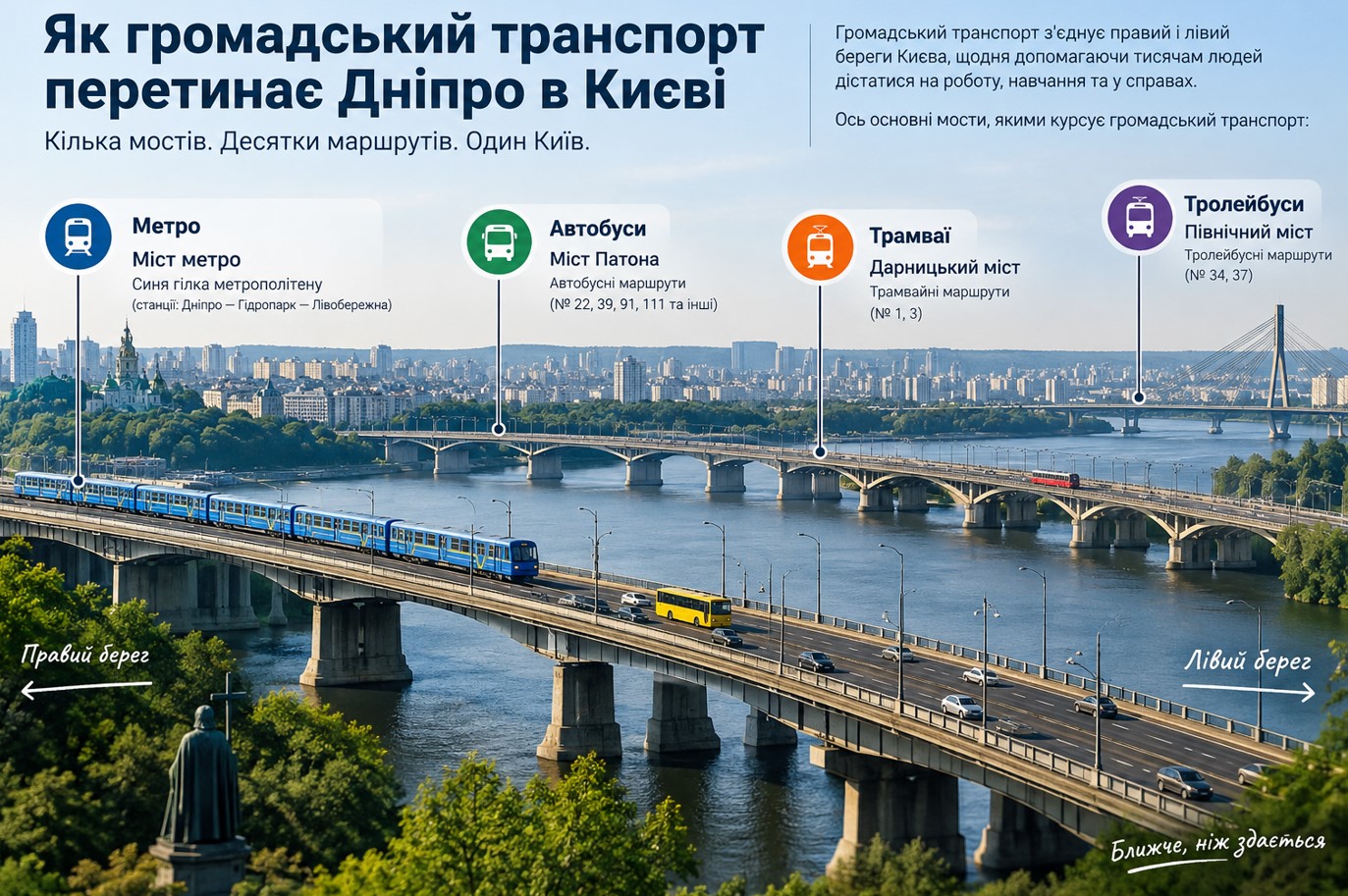 Як громадський транспорт перетинає Дніпро в Києві