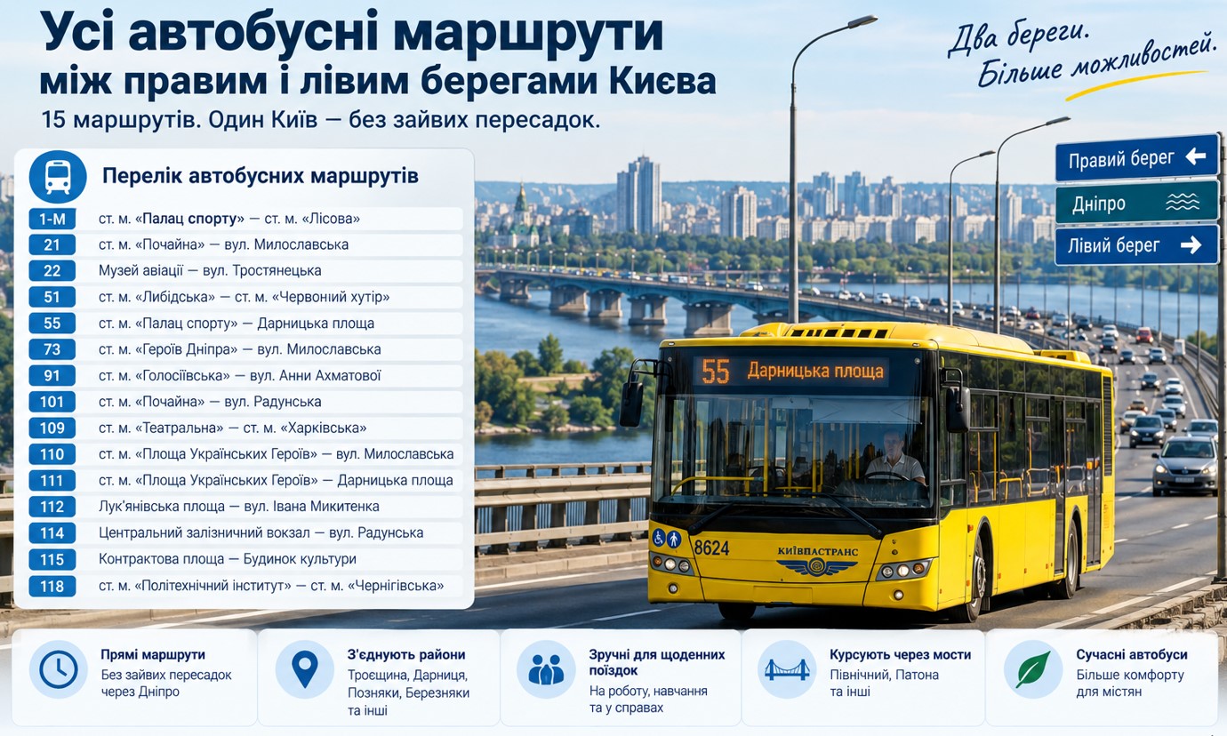 Усі автобусні маршрути між правим і лівим берегами