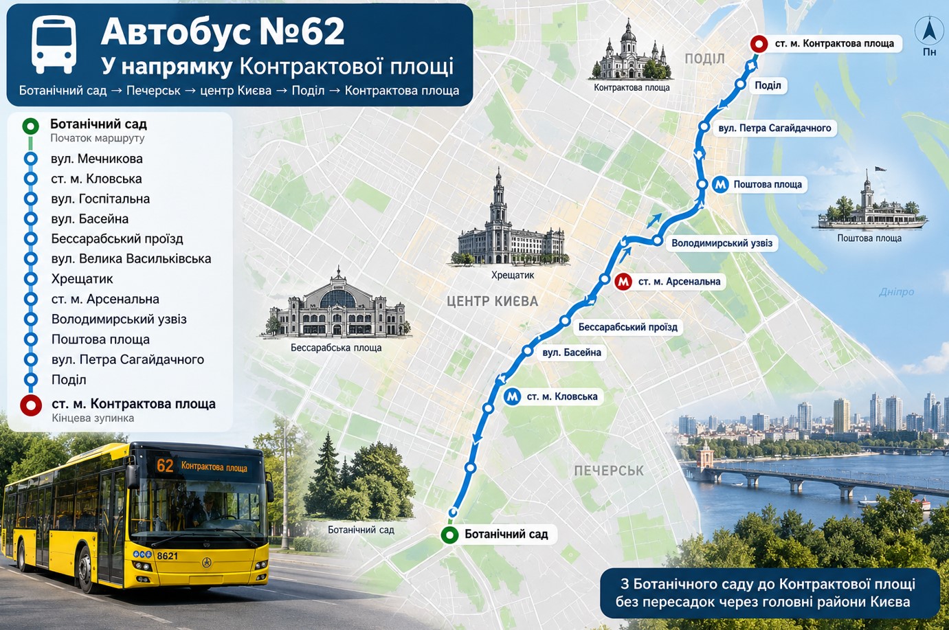 Як їде автобус №62 у напрямку Контрактової площі